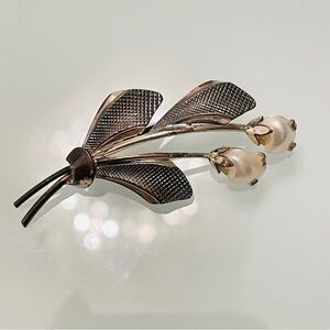 Teka Signed 835 Silver Cultured Pearl Rose Floral Brooch Pin MCM Sterlin…